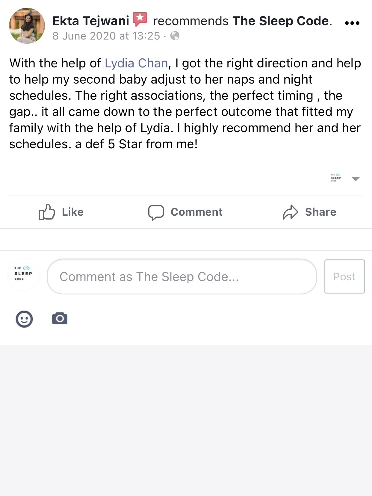 Facebook recommendation from Ekta Tejwani highlighting Lydia Chan's personalized approach and effective schedules.