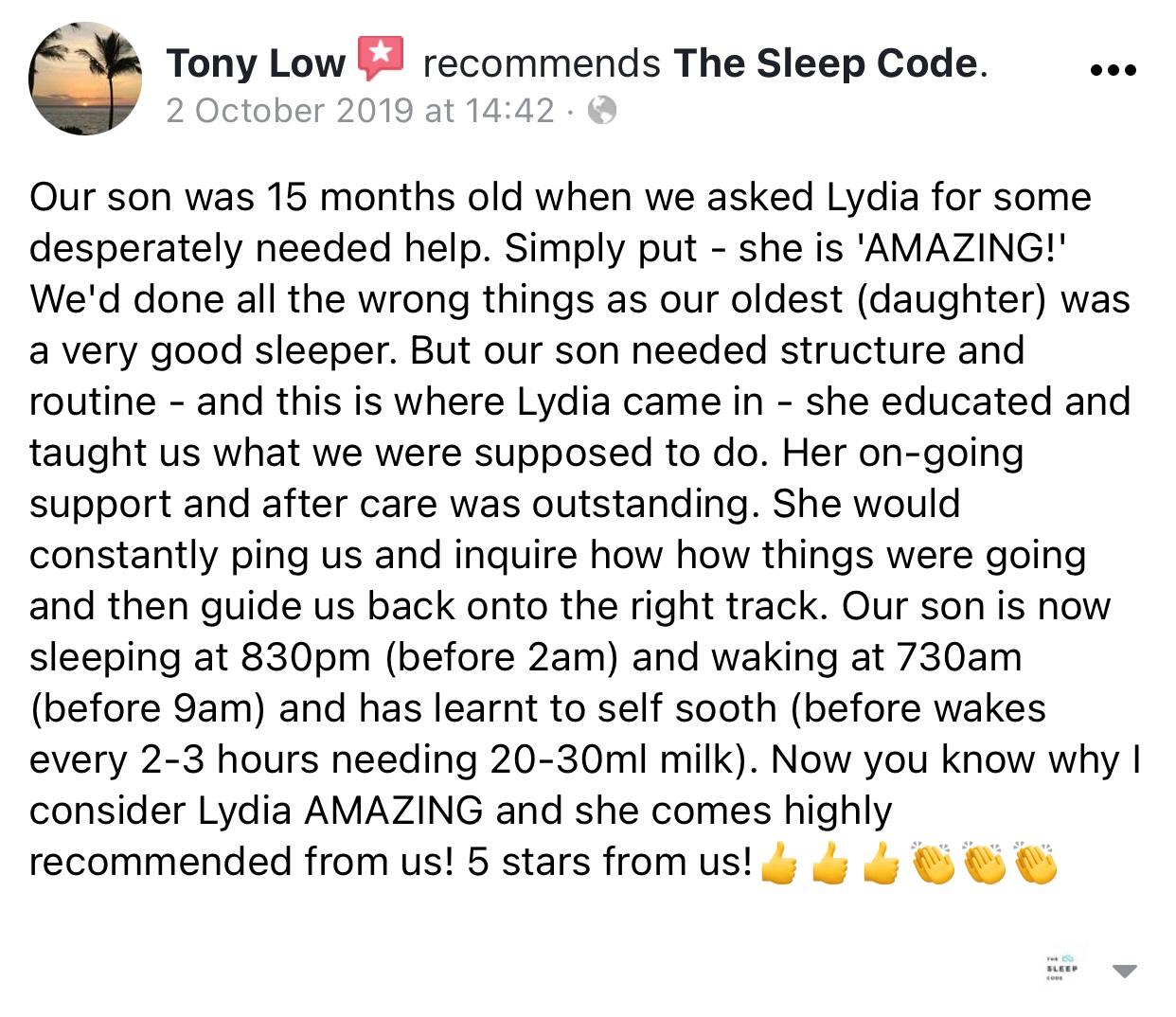 Facebook recommendation from Tony Low describing how Lydia's structure and routine transformed his son's sleep habits.