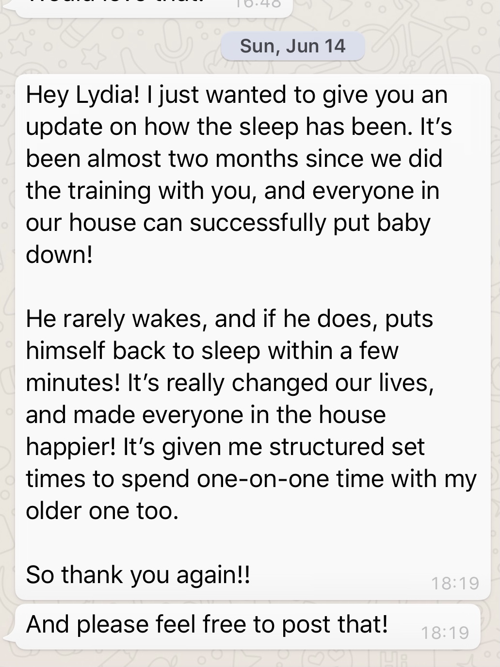 a customer giving good review on whatsapp