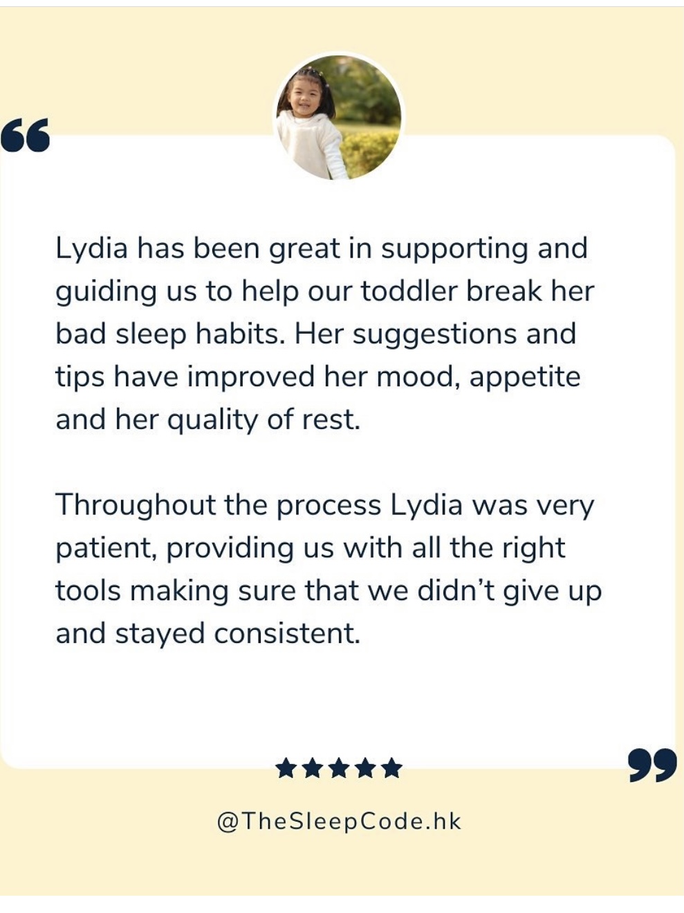 Testimonial praising Lydia and The Sleep Code for helping a toddler improve sleep habits.