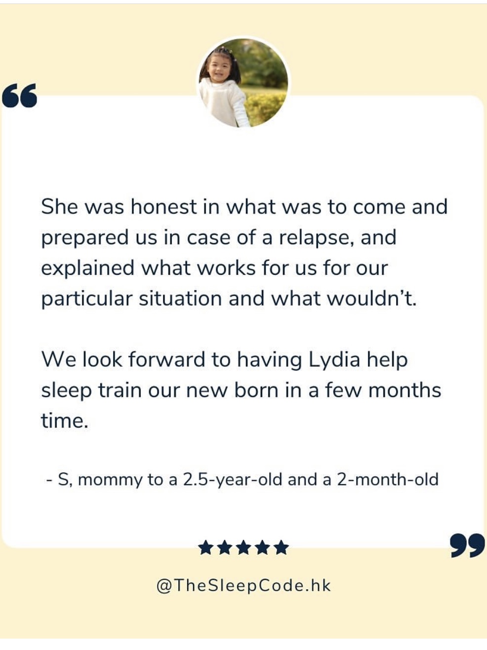Testimonial describing how Lydia's honesty and personalized approach helped a family improve their child's sleep.