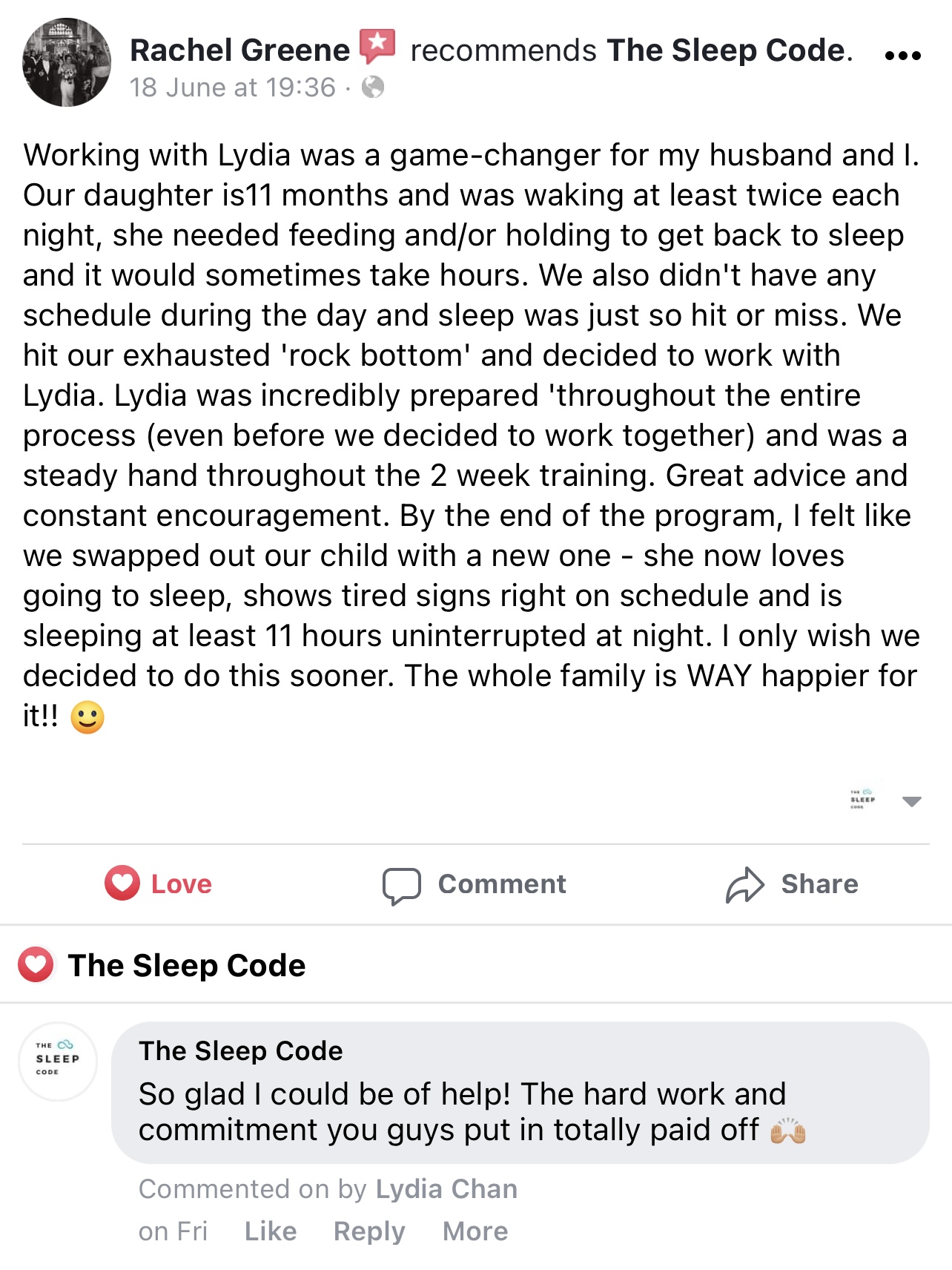 Facebook post by Rachel Greene recommending The Sleep Code, detailing how Lydia Chan helped her 11-month-old sleep through the night.