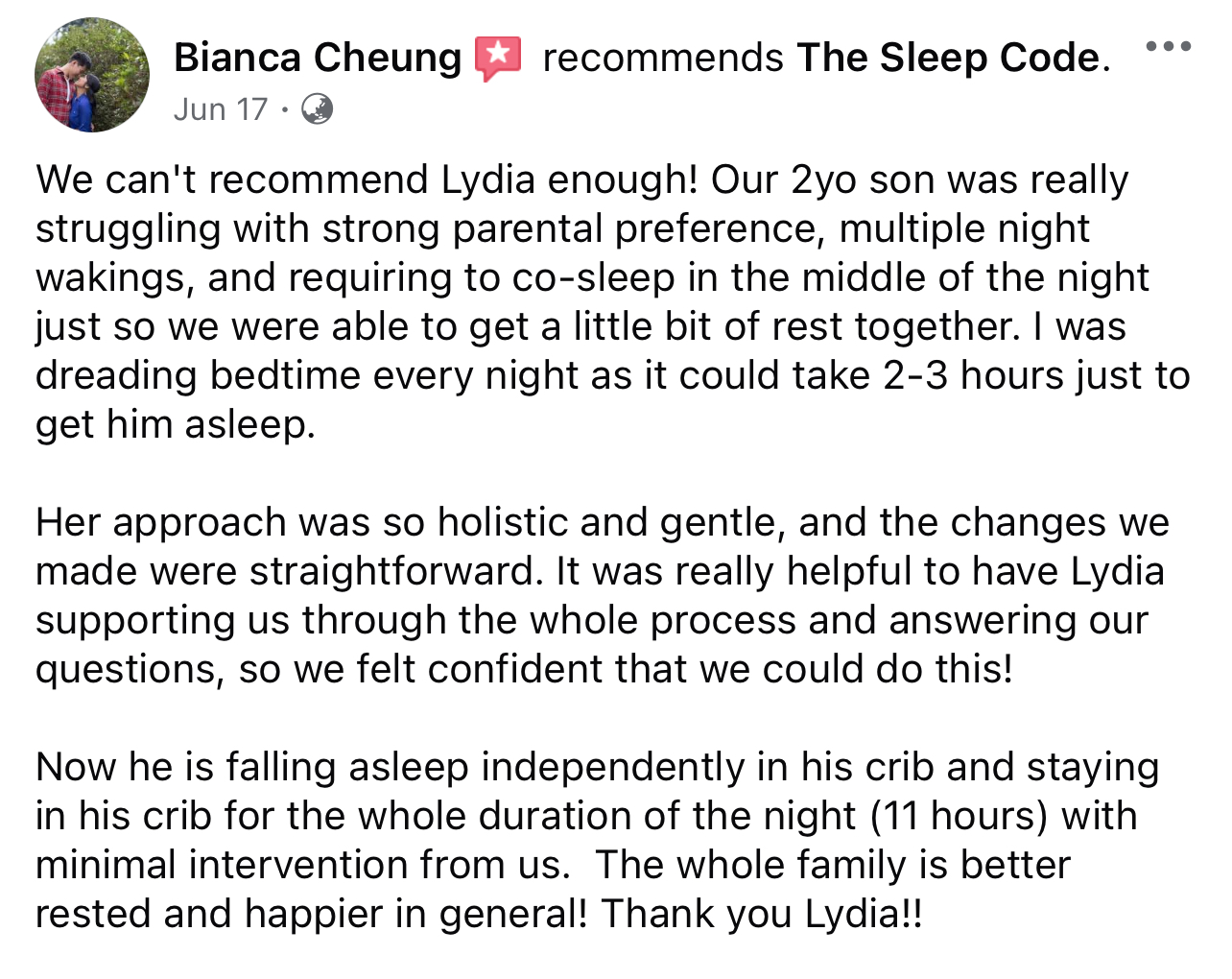 Facebook post by Bianca Cheung recommending The Sleep Code, detailing how Lydia helped her 2-year-old son sleep independently.