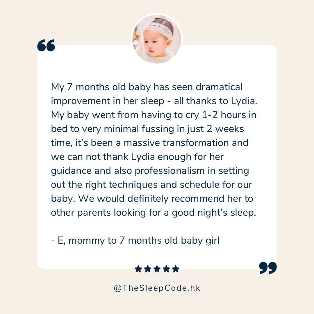 Graphic with a testimonial about a 7-month-old baby's improved sleep, featuring a quote from "E, mommy to 7 months old baby girl" and a photo of the baby.