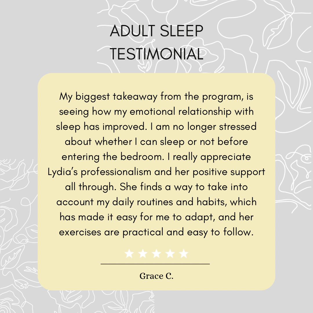 Image of a testimonial card with a yellow background, white text, and five stars, praising a sleep program and Lydia's support.